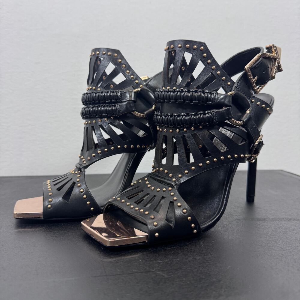 Ivy Kirzhner NY Strappy Studded Black Gold Heels Sandals Punk Glam Designer 7.5m - Picture 2 of 8